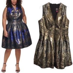 Vince Camuto Gold & Bronze Metallic Jacquard Fit & Flare Cocktail Dress Size 16